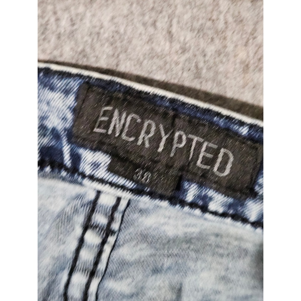 Encrypted Denim Shorts Mens 38 Blue Acid Wash Distressed Biker E911819-ID-F22 - Picture 6 of 7